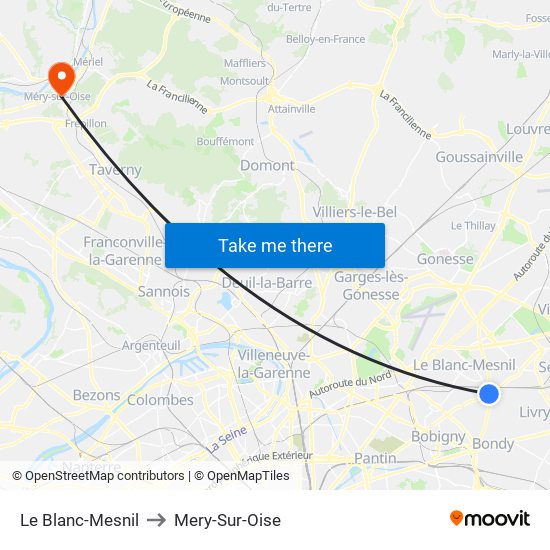 Le Blanc-Mesnil to Mery-Sur-Oise map