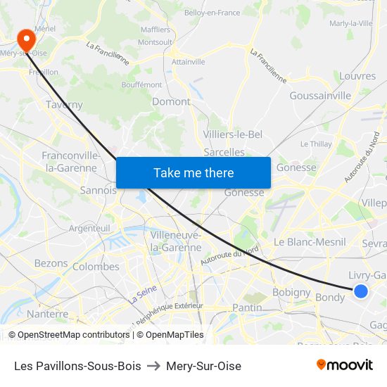 Les Pavillons-Sous-Bois to Mery-Sur-Oise map