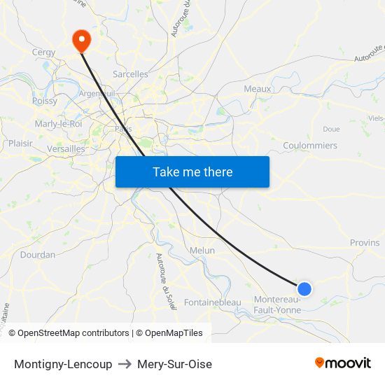 Montigny-Lencoup to Mery-Sur-Oise map