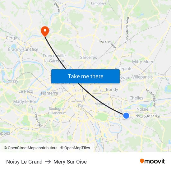 Noisy-Le-Grand to Mery-Sur-Oise map