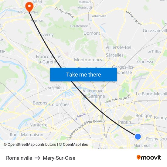 Romainville to Mery-Sur-Oise map
