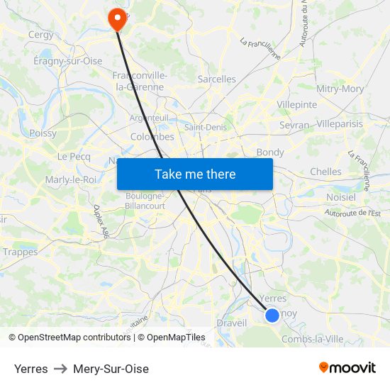 Yerres to Mery-Sur-Oise map
