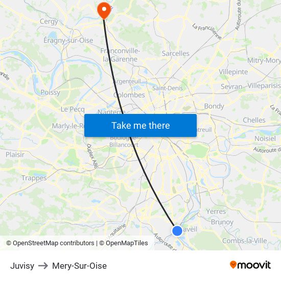 Juvisy to Mery-Sur-Oise map