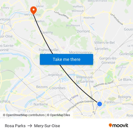 Rosa Parks to Mery-Sur-Oise map