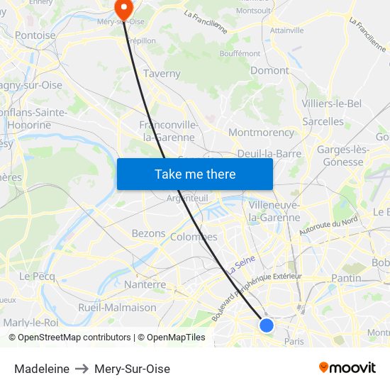 Madeleine to Mery-Sur-Oise map
