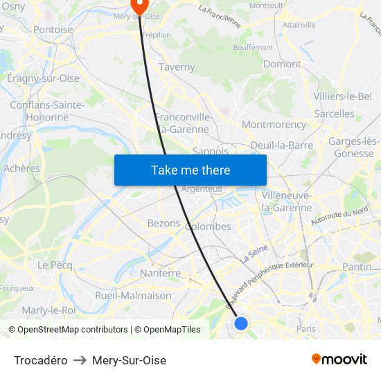 Trocadéro to Mery-Sur-Oise map