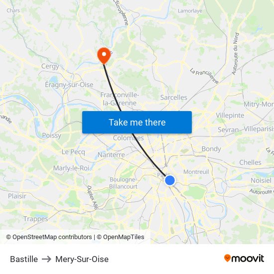 Bastille to Mery-Sur-Oise map