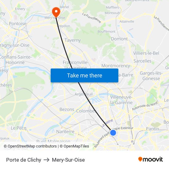 Porte de Clichy to Mery-Sur-Oise map