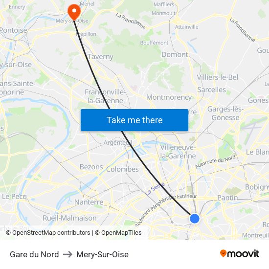 Gare du Nord to Mery-Sur-Oise map