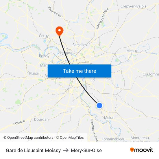 Gare de Lieusaint Moissy to Mery-Sur-Oise map