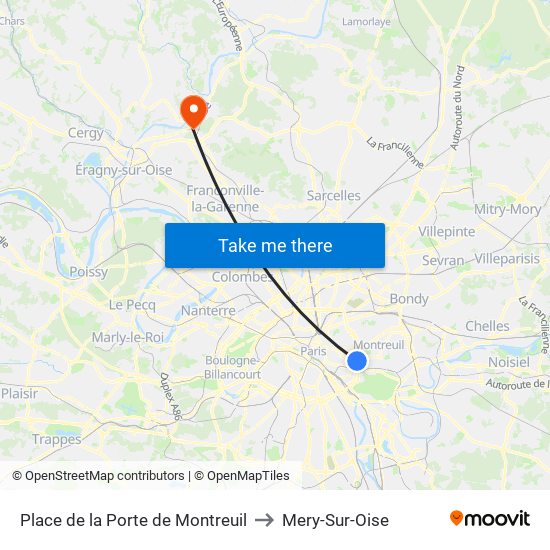 Place de la Porte de Montreuil to Mery-Sur-Oise map