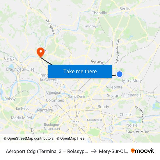 Aéroport Cdg (Terminal 3 – Roissypôle) to Mery-Sur-Oise map