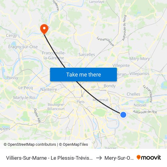 Villiers-Sur-Marne - Le Plessis-Trévise RER to Mery-Sur-Oise map