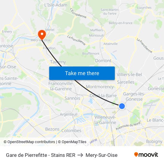 Gare de Pierrefitte - Stains RER to Mery-Sur-Oise map