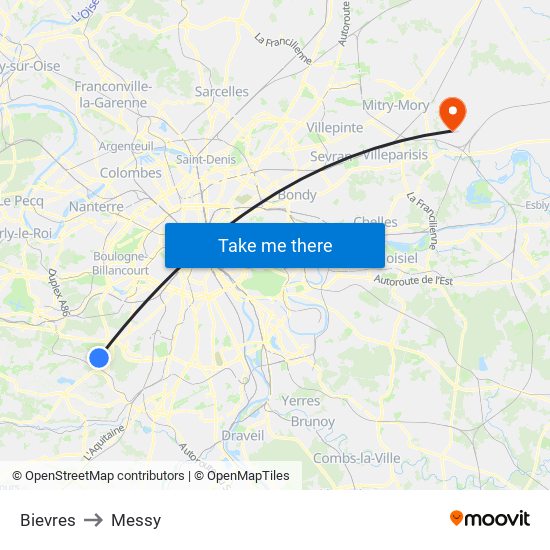 Bievres to Messy map