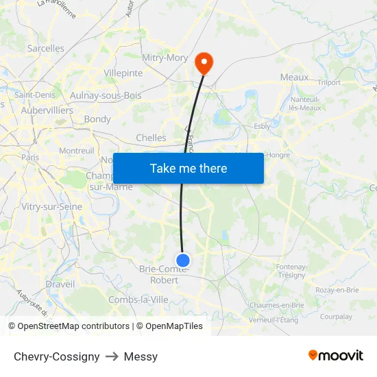 Chevry-Cossigny to Messy map