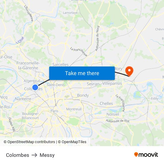 Colombes to Messy map