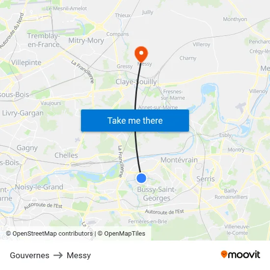 Gouvernes to Messy map