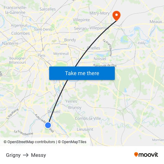 Grigny to Messy map
