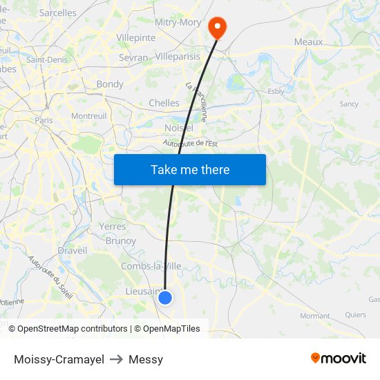 Moissy-Cramayel to Messy map