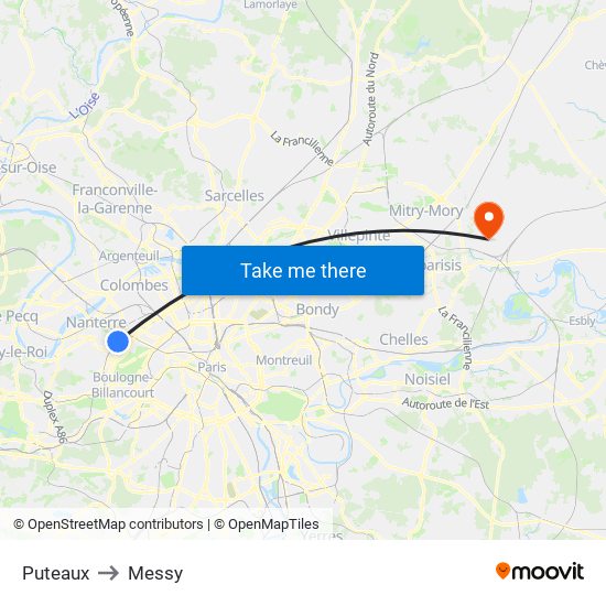 Puteaux to Messy map