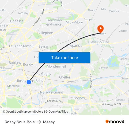 Rosny-Sous-Bois to Messy map