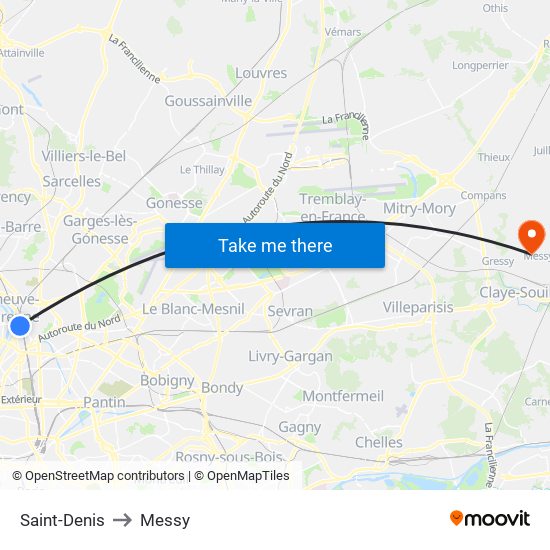 Saint-Denis to Messy map