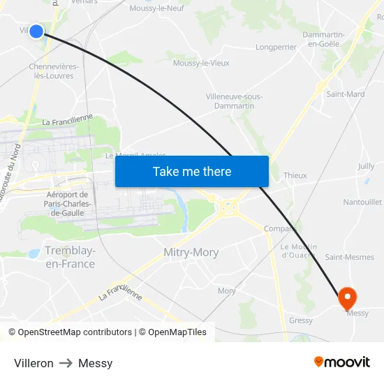 Villeron to Messy map