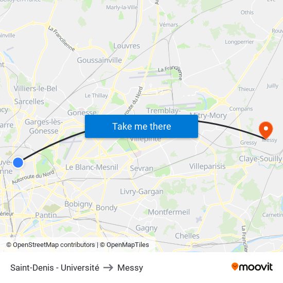 Saint-Denis - Université to Messy map