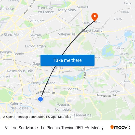 Villiers-Sur-Marne - Le Plessis-Trévise RER to Messy map