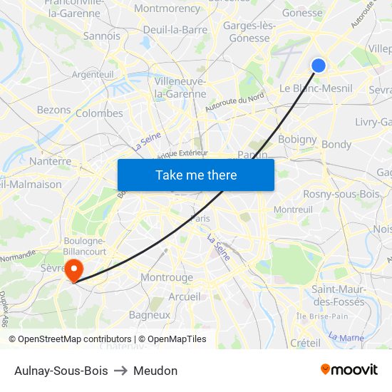 Aulnay-Sous-Bois to Meudon map