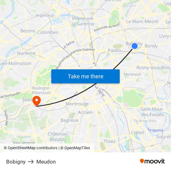 Bobigny to Meudon map