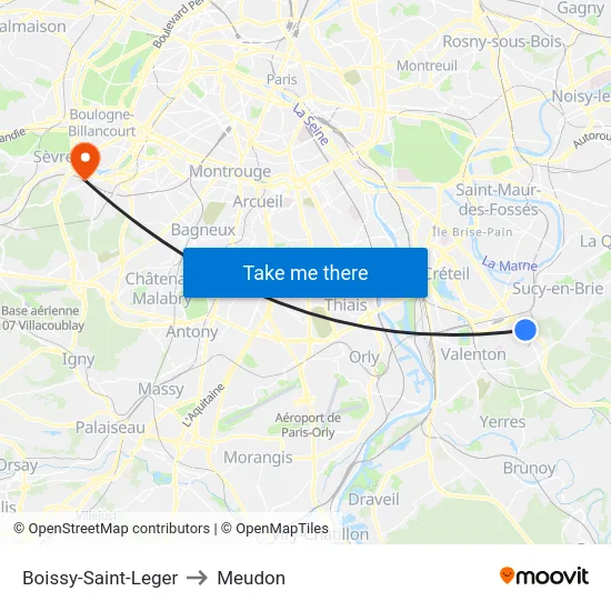 Boissy-Saint-Leger to Meudon map