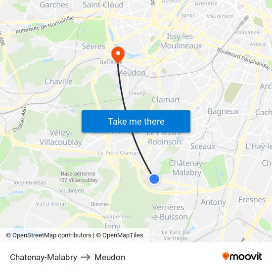 Chatenay-Malabry to Meudon map