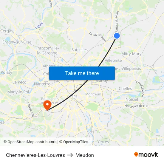 Chennevieres-Les-Louvres to Meudon map