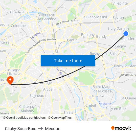 Clichy-Sous-Bois to Meudon map