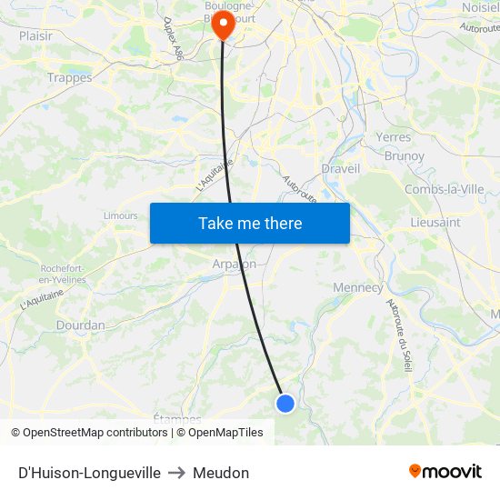 D'Huison-Longueville to Meudon map