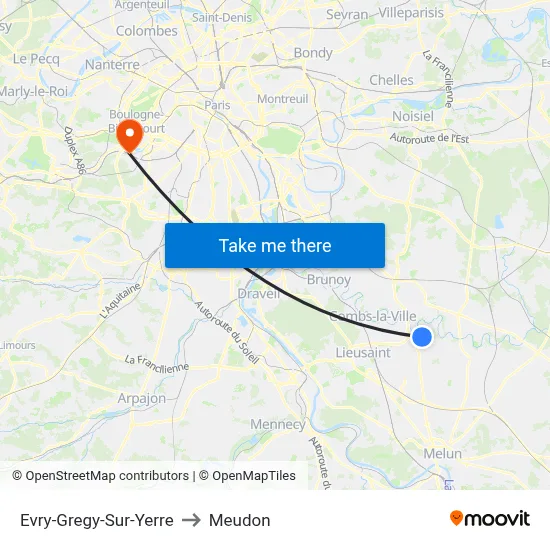 Evry-Gregy-Sur-Yerre to Meudon map