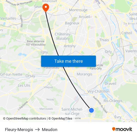 Fleury-Merogis to Meudon map