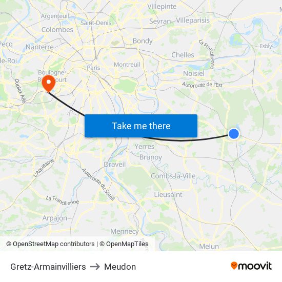 Gretz-Armainvilliers to Meudon map
