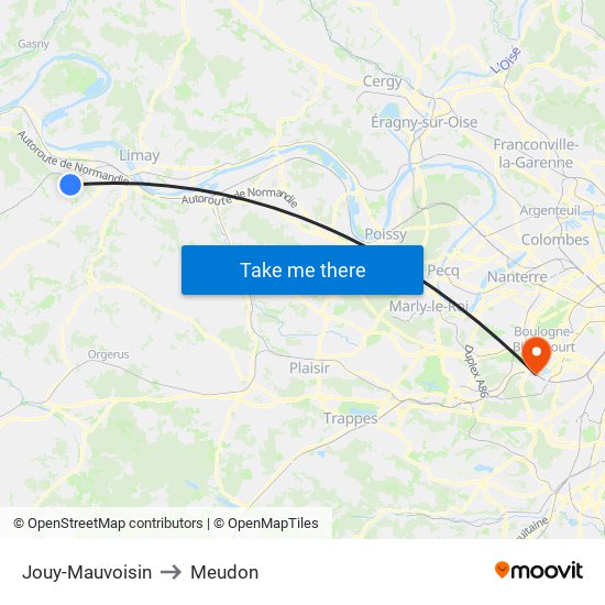 Jouy-Mauvoisin to Meudon map