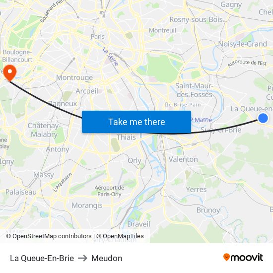 La Queue-En-Brie to Meudon map