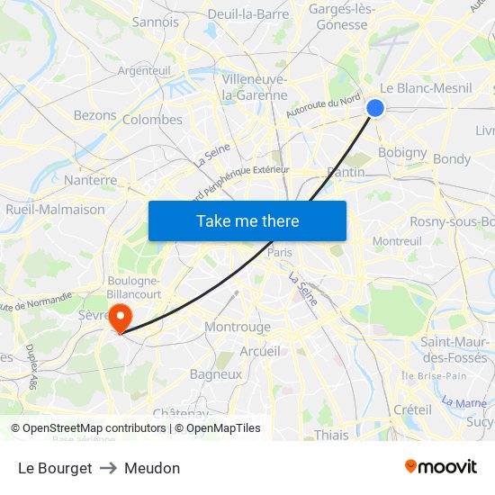 Le Bourget to Meudon map