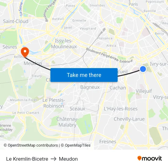 Le Kremlin-Bicetre to Meudon map
