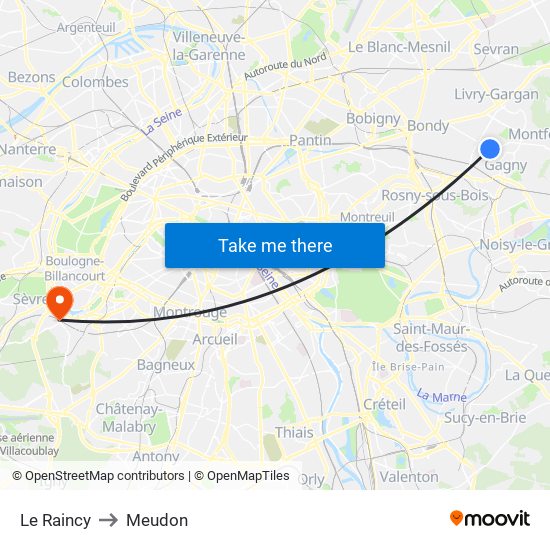 Le Raincy to Meudon map