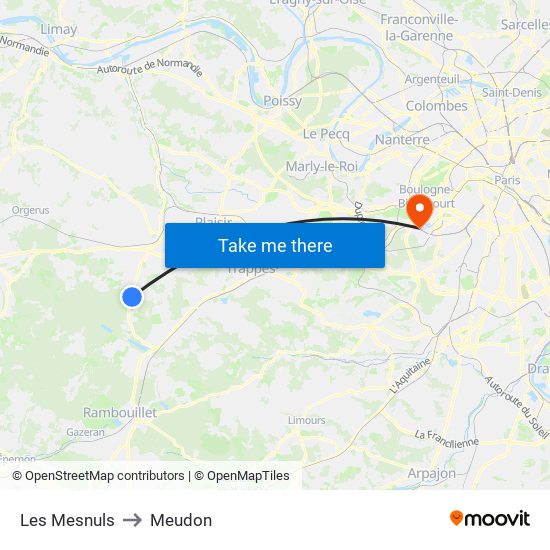 Les Mesnuls to Meudon map