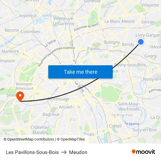 Les Pavillons-Sous-Bois to Meudon map