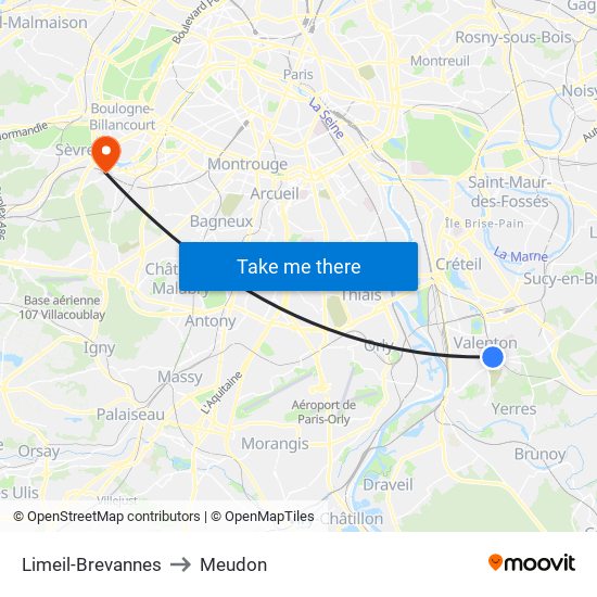 Limeil-Brevannes to Meudon map