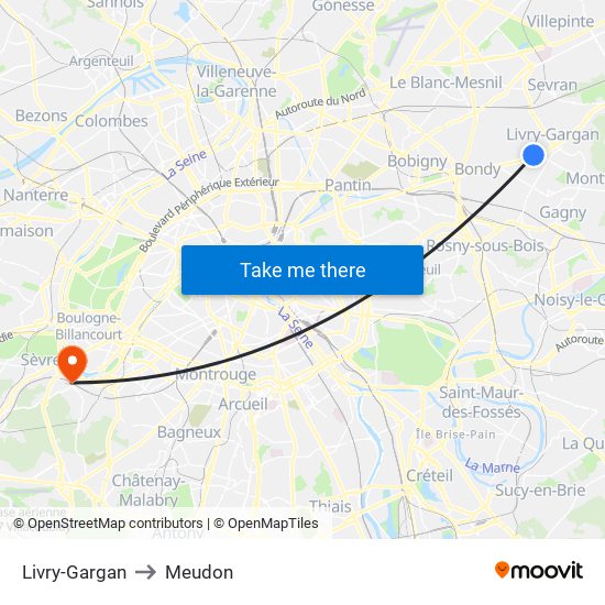 Livry-Gargan to Meudon map