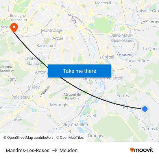 Mandres-Les-Roses to Meudon map